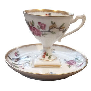 AJCO Limoges France Demitasse Cup Saucer Pheasant Bird Gold Rim Square Pedestal